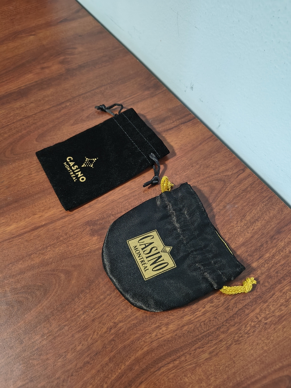2 Casino Montreal Black and Gold Drawstring Pouches
